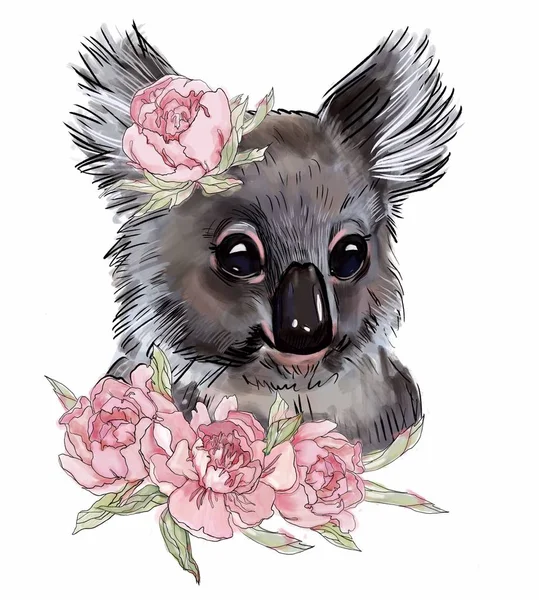 Beyaz Arka Plan Üzerinde Izole Pembe Çiçekler Ile Sevimli Koala — Stok fotoğraf