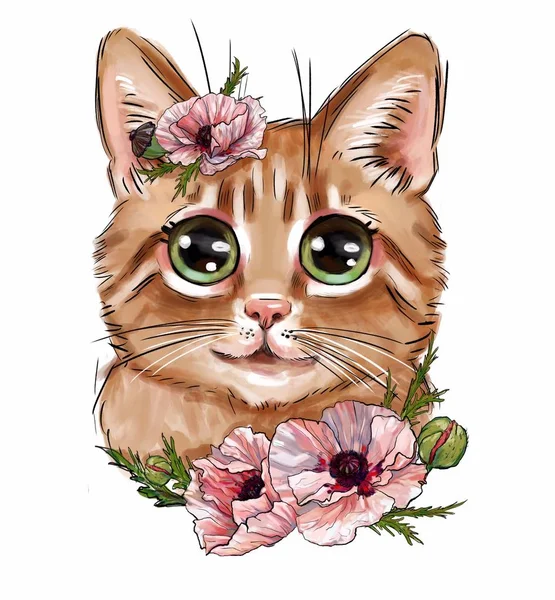 Beyaz arka plan üzerinde izole pembe çiçeklerile Sevimli kedi