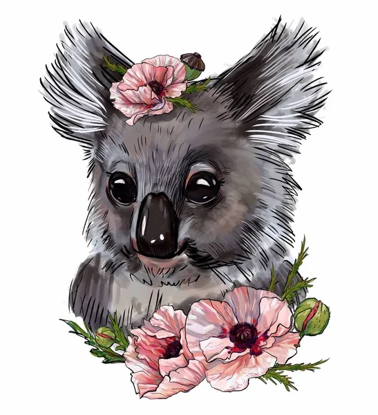 Beyaz arka plan üzerinde izole pembe çiçekler ile Sevimli koala