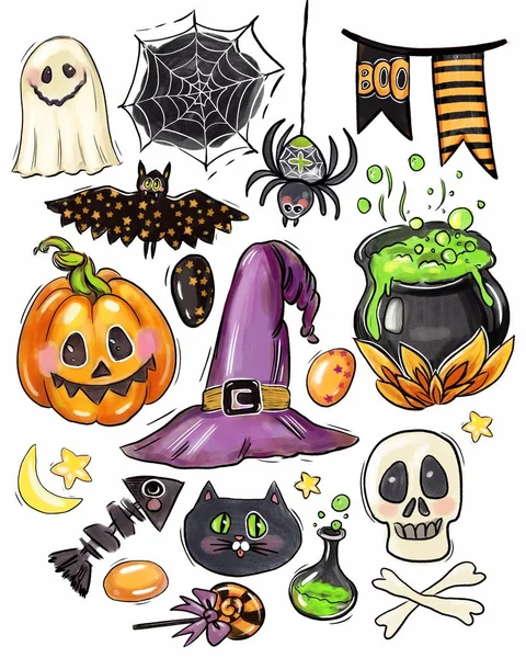 Cadılar Bayramı jack o fener kabak, şapka ve örümcek, kartpostal illüstrasyon ile ayarlayın