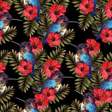 siyah, dikişsiz arka plan üzerinde pembe tropikal çiçekler ve palmiye yaprakları ile sinekkuşları