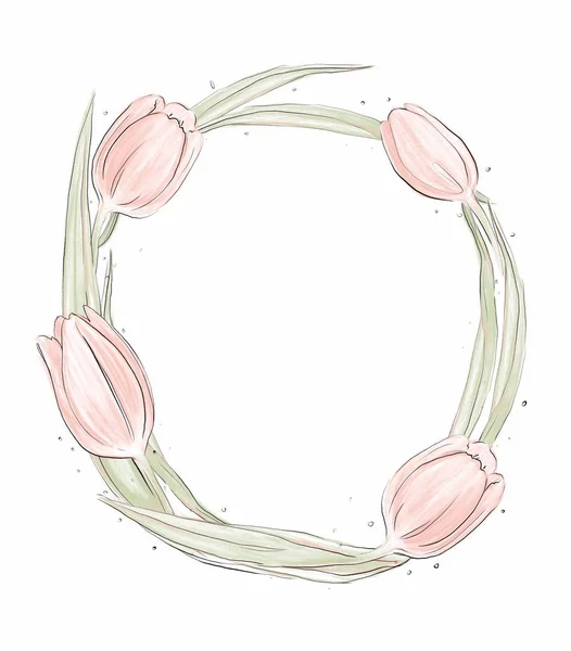 Floraler Runder Rahmen Mit Rosa Tulpen Auf Weißem Hintergrund — Stockfoto