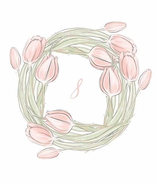 Квіткова Березня Кругла Рамка Весняно Рожевими Тюльпанами Білому Тлі — стокове фото