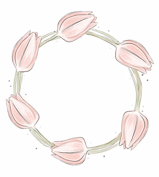 Blumen Frühling Runde Rahmen Mit Rosa Tulpen Auf Weißem Hintergrund — Stockfoto