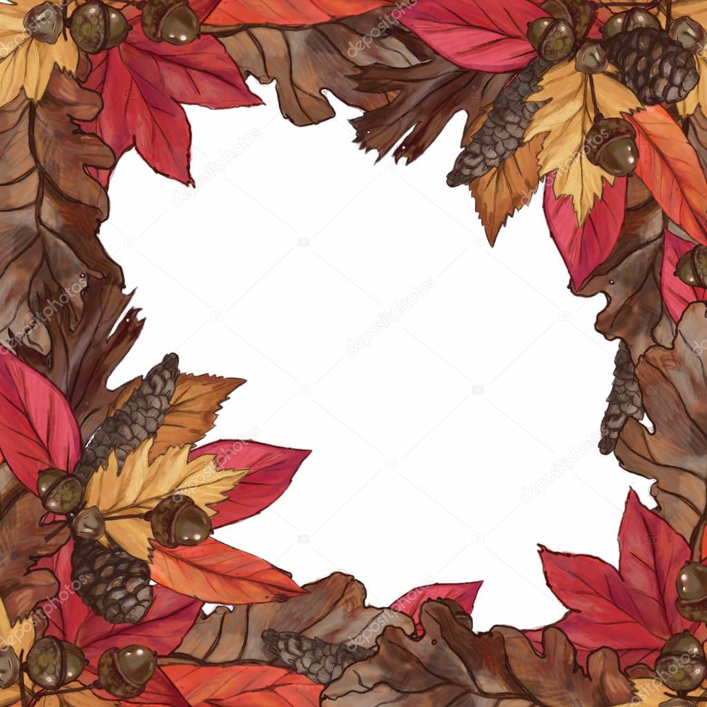 Seasonal autumnal frame of red leaves, acorns and fir cones on white background