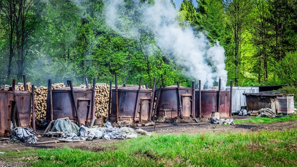 Forma Tradicional Producción Carbón Bosque Las Montañas Bieszczady Polonia — Foto de Stock
