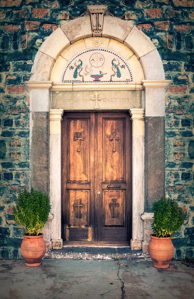 Vintage Dřevěné Dveře Pravoslavné Církve Řecký Ostrov Kos — Stock fotografie