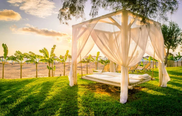 Sunrise adlı Yunan sahil şeridi üzerinde beyaz sunlounger