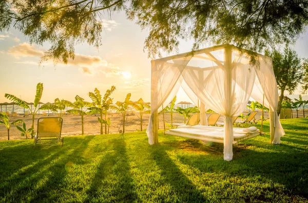 Sunrise Adlı Yunan Sahil Şeridi Üzerinde Beyaz Sunlounger — Stok fotoğraf