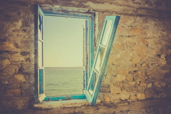 Old Broken Window View Aegean Sea — Stock Photo, Image