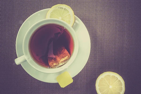 Aerial View Tea Cup Slice Lemon Brown Background Vintage Toned — Stock Photo, Image