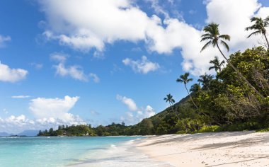 Muhteşem tropik sahil siluet Adası, Seyşeller '