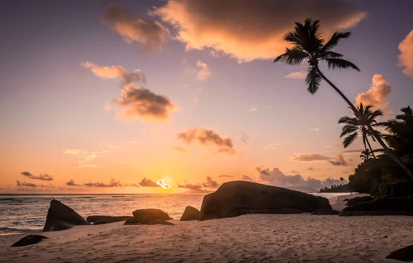 Amazing Sunrise Silhouette Island Seychelles — Stock Photo, Image