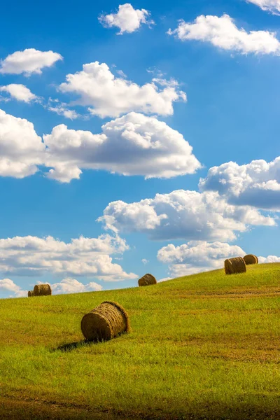 Paesaggio Rurale Pile Paglia Sotto Cielo Blu Nuvole Bianche — Foto Stock