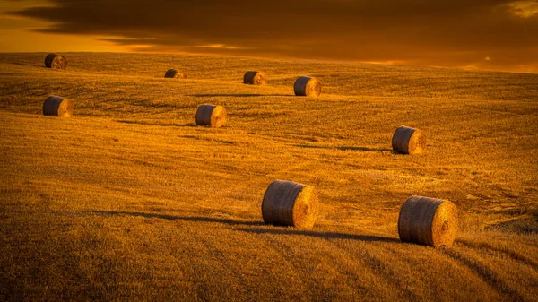 Amazing Rural Landscape Sunset Haystacks Hill — Stock Photo, Image