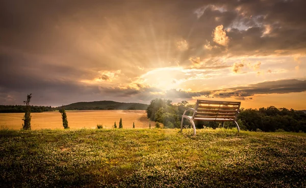 Planda Yalnız Tezgah Ile Güzel Günbatımı Manzara — Stok fotoğraf