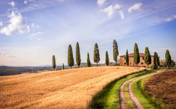 Toskanische Landschaft Mit Bauernhaus Und Zypressen — Stockfoto