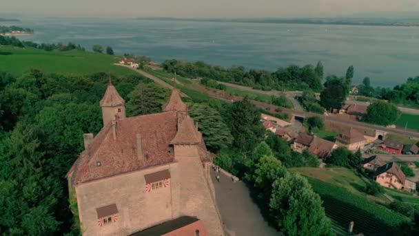 州のワインヤードフィールドの風景の緑の丘の古代中世の城の壮大な4K空中ドローンパノラマビュー — ストック動画