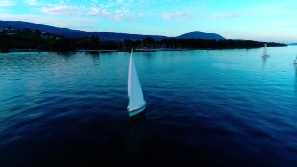 Чудесная Панорама Беспилотника Небольшой Спортивной Яхте Медленно Плывущей Спокойном Голубом — стоковое видео