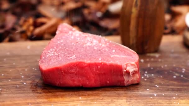 Putting Salt Pepper Incredible Fresh Fat Piece Beef Steak Pink — Stock Video