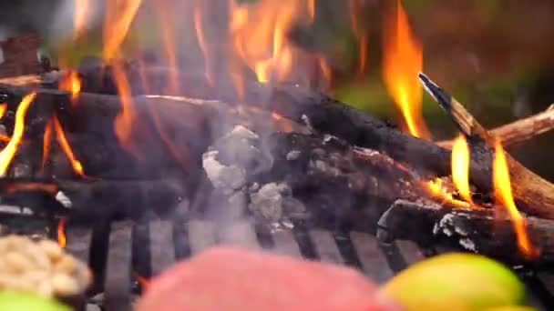 美丽的特写视图新鲜切蔬菜在烤盘与大片牛排粉红色肉在森林营地火 — 图库视频影像