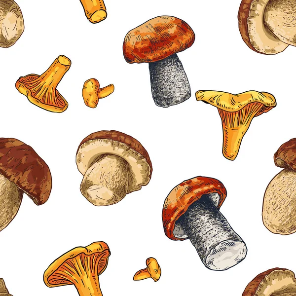 手绘五颜六色的森林蘑菇 矢量无缝模式背景 — 图库矢量图片