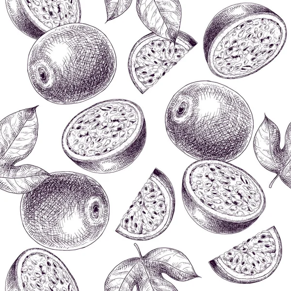 Hand Drawn Passion Fruit Vector Seamless Pattern — Stock Vector