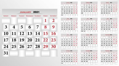 Takvim 2021, İngiliz cep takvimi. 2021 yılının temel şablonu. Minimalist tarzda planlayan günlük. Şirket ve iş takvimi.