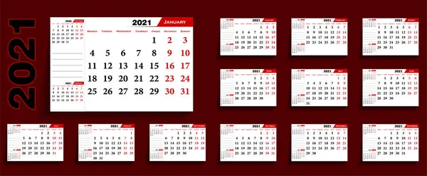 Calendario 2021 Calendario Bolsillo Inglés Plantilla Calendario Cuadrícula Básica Para — Archivo Imágenes Vectoriales