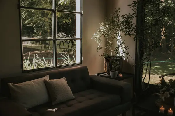 Yastıklı, çiçekli ve pencereli kanepe.