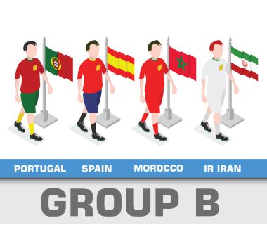 Futbol Dünya Basketbol Şampiyonası turnuva 2018 takım grubu. Grup B Portekiz, İspanya, Fas, Iran. İzometrik futbolcuların ülke bayrakları ile