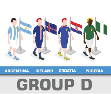 Futbol Dünya Basketbol Şampiyonası turnuva 2018 takım grubu. Grup D Arjantin, İzlanda, Hırvatistan, Nijerya. İzometrik futbolcuların ülke bayrakları ile