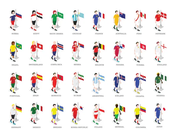 Conjunto Jogadores Futebol Isométricos Com Bandeiras Ilustração Vetorial — Vetor de Stock