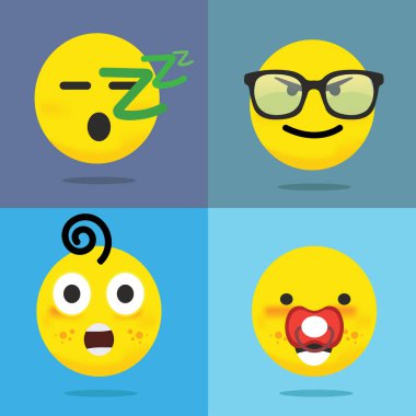 Sarı ifadeler seti renkli vektör illüstrasyon. Emoji koleksiyonu 