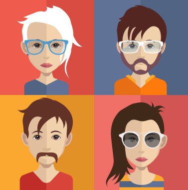 Yüzü olan düz tarzda insanlar simgeler kümesi. Vektör kadınlar, erkek karakter