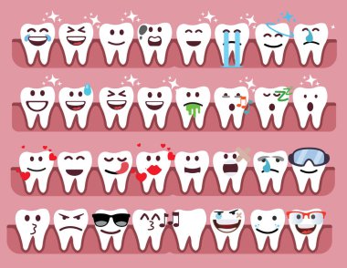 Sevimli diş Emoji Emoticons, vektör çizim seti