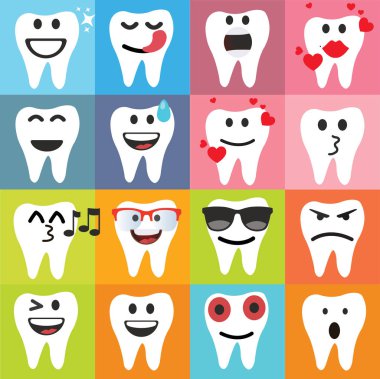 Sevimli diş Emoji Emoticons, vektör çizim seti