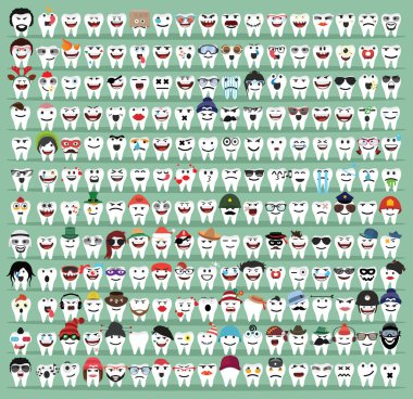 Sevimli diş Emoji Emoticons, vektör çizim seti