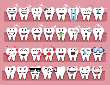 Sevimli diş Emoji Emoticons, vektör çizim seti