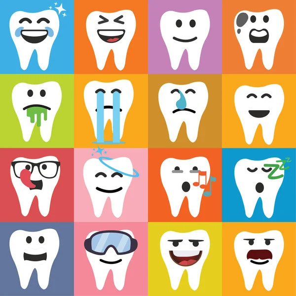 Set Cute Tooth Emoji Emoticons Vector Illustration — Stock Vector