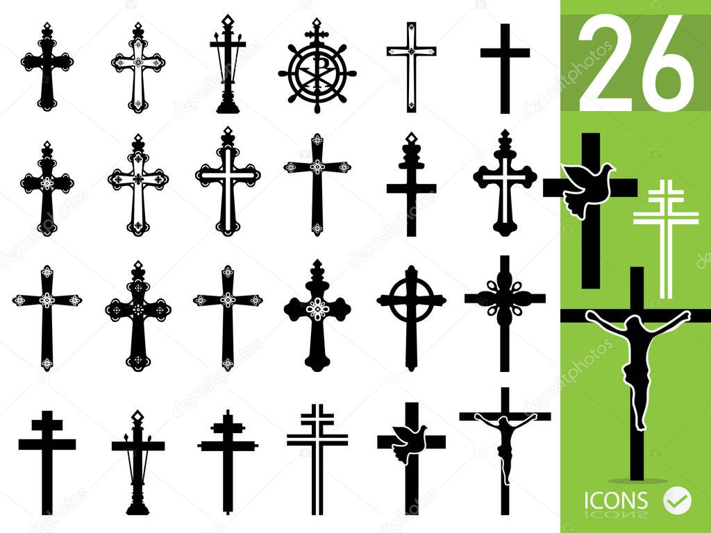 Set of black crucifixes on white background. Vector illustration