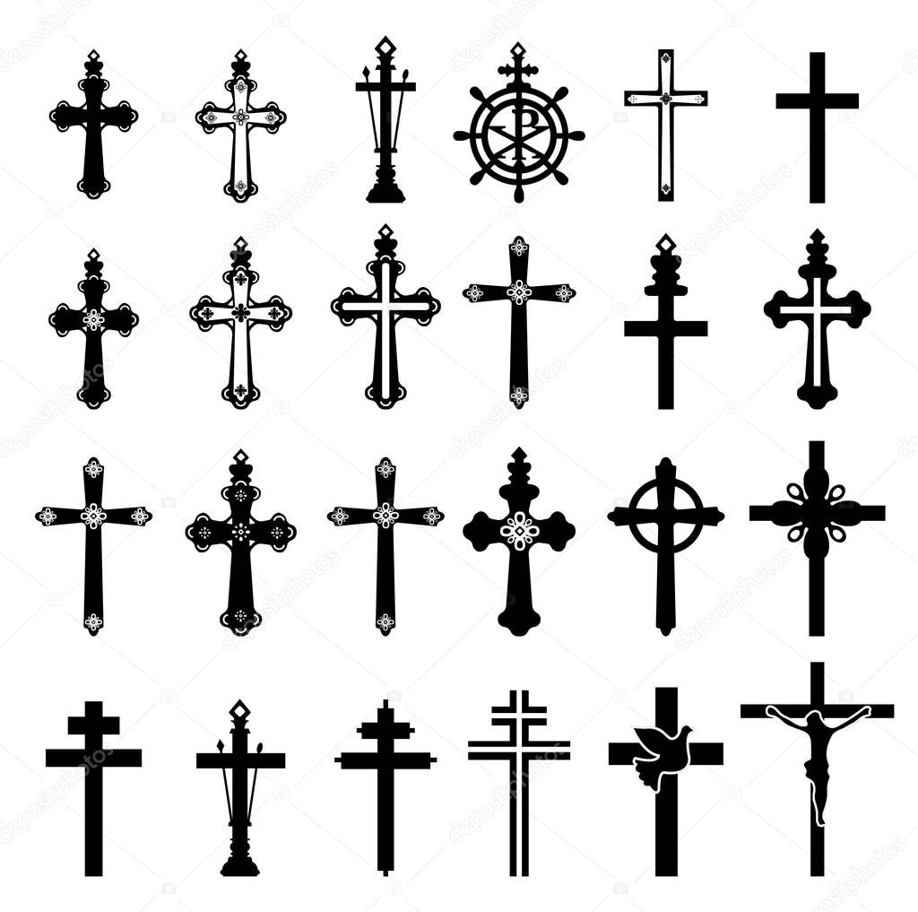 Set of black crucifixes on white background. Vector illustration