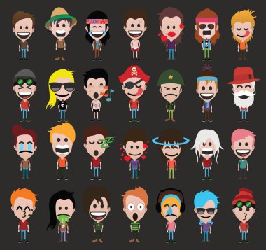 İnsanlar sevimli çizgi karakter kümesi emoji koyu arka plan üzerinde