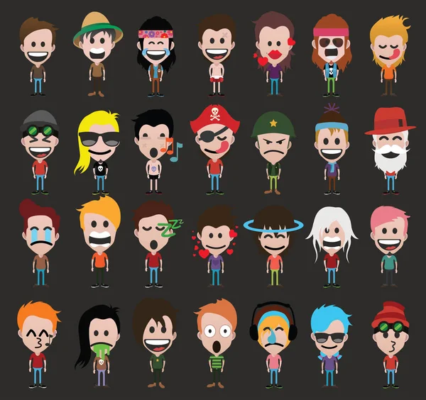 Conjunto Pessoas Bonitos Personagens Desenhos Animados Emoji Fundo Escuro — Vetor de Stock