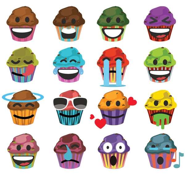 Set Muffins Cute Cartoon Characters Emoji — Stock Vector