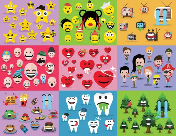 Stjärnor Människor Hjärtan Tänder Och Mat Emoji Uttryckssymboler — Stock vektor