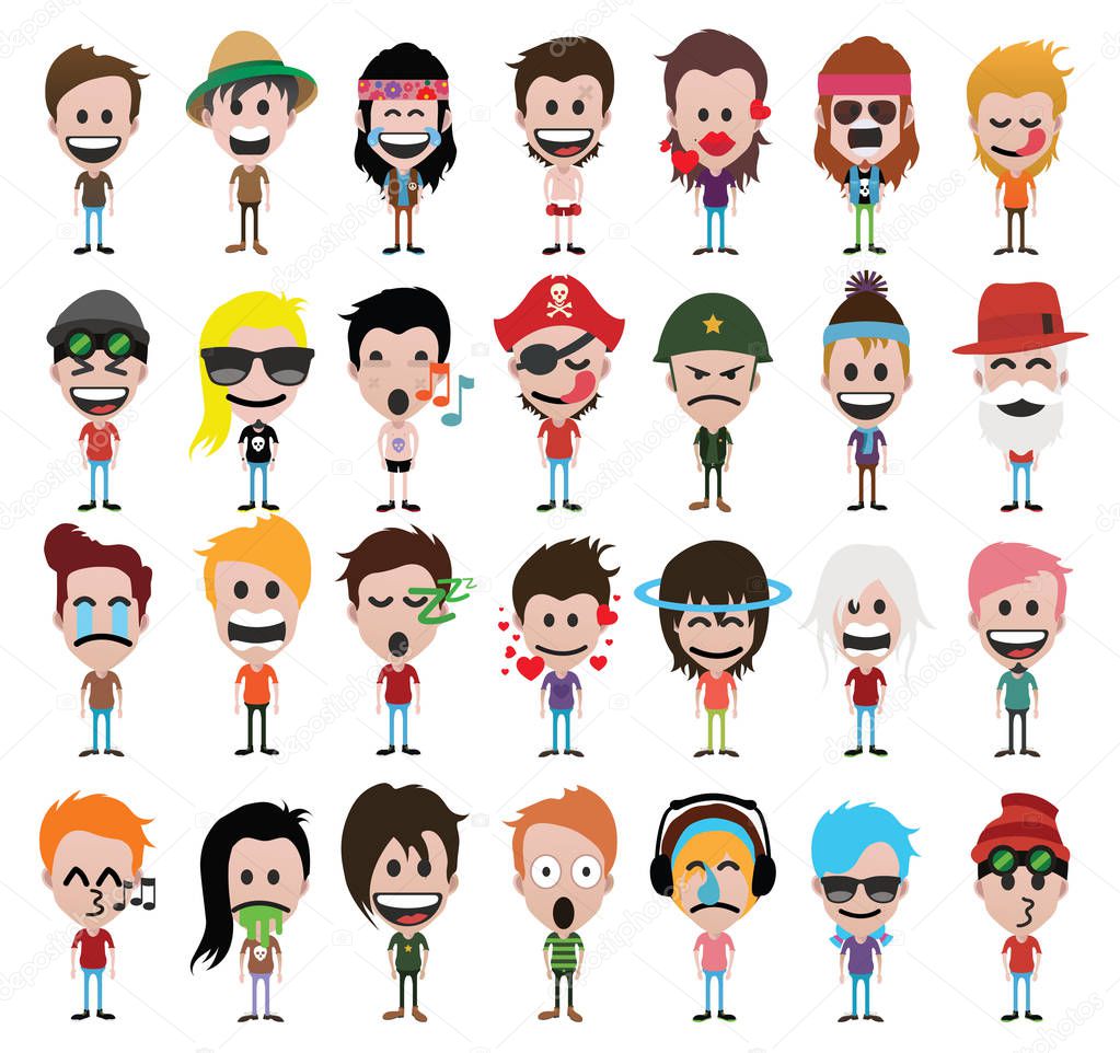 Set of people cute cartoon characters, emoji