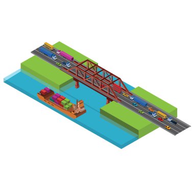 Yol ve araba ile modern köprü renkli vektör illüstrasyon