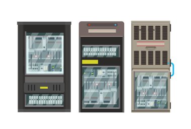 Endüstriyel elektrik kontrol panellerinin renkli vektör illüstrasyonu