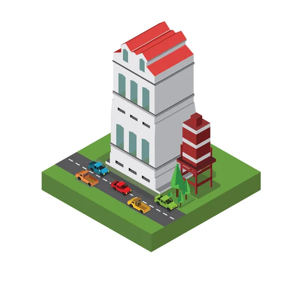 Illustration Vectorielle Colorée Maison Moderne Sur Rue Avec Route Voitures — Image vectorielle